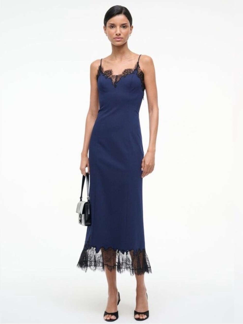 Staud Nadia Lace Trim Midi Dress in Navy S